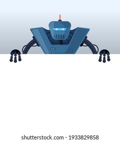 Cartoon robot stand behind blank poster space for text. Blue retro cyborg character holding empty white board for presentation. Robotic information banner mockup interface design vector illustration