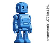 Cartoon robot standing with friendly smile and blue metallic body