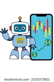 a cartoon robot standing next to a smartphone displaying a candlestick trading chart. There are dollar signs and an upward green arrow, symbolizing financial growth or profit. The robot represents the