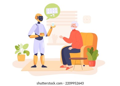 Cartoon robot taking care of old person at home. Domestic assistant giving medicine to senior or aged person flat vector illustration. AI, elderly care, health concept for banner or landing web page