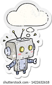 robot de dibujos animados con burbuja mental como pegatina gastada angustiada