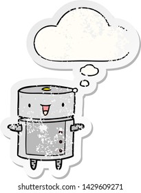 Cartoon-Roboter mit Denkblase als bedrückter abgenutzter Aufkleber