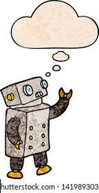 cartoon robot with thought bubble in grunge texture style