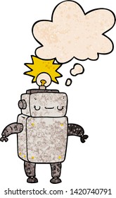 cartoon robot with thought bubble in grunge texture style