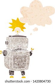 cartoon robot with thought bubble in grunge distressed retro textured style