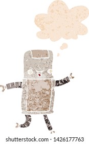 cartoon robot with thought bubble in grunge distressed retro textured style