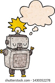 cartoon robot with thought bubble in grunge texture style