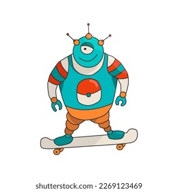 Un robot de dibujos animados con tres antenas en la cabeza recorre una patineta. Imagen vectorial aislada.