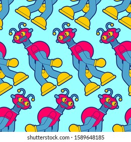 Cartoon Robot toy pattern seamless. Retro plaything Technology cyborg background. Baby fabric texture. vector ornament