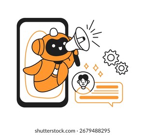 Cartoon robot using a megaphone to convey a message in a digital interface. Simple colors with trending flat cartoon style perfect for tech communications.