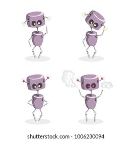 A cartoon robot with various emotions: affable, thoughtful, indignant, angry. Funny character. Set of vector illustrations.