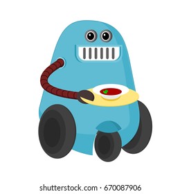 Cartoon robot waiter serving a dish