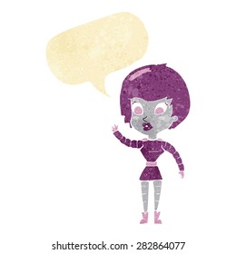 cartoon robot woman waving with speech bubble