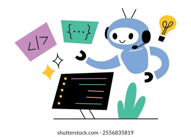 Cartoon robot writing code, programming software, artificial intelligence assisting developers. Futuristic technology concept, doodle icons. Vector illustration in flat, and cartoon style