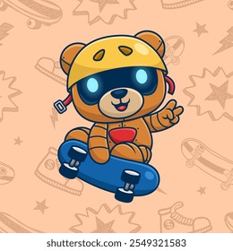 Urso robótico de cartum usando um capacete sentado em um skate com gestos divertidos em um fundo padronizado , ilustração vetorial.