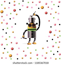 Cartoon robotics yellow metallic 3d cook robot cooks soup in a saucepan on a head vector and abstract geometric color pattern on white background food ingredients isolate