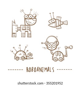 Cartoon robots animals  set. Vector image. Doodle stile.
