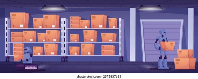 Cartoon robots carrying cardboard boxes in warehouse vector flat illustration. Industrial robot transportation, logistics process. Automatic delivery technology, smart distribution