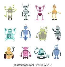 Cartoon robots characters. Mechanical robot, retro toy monsters. Cute kids friends, automation cyborgs and androids decent vector collection