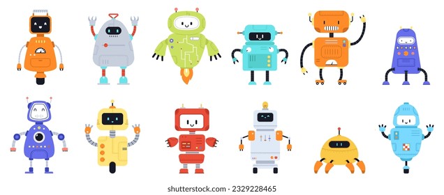Cartoon robots, cute technology robot. Futuristic toys game, cyber monsters. Child digital toy vintage style, electric model snugly vector elements