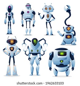 Cartoon robots, cyborg droids and robotic AI creatures vector characters. AI and droids, robo technology machines with digital artificial intelligence, mechanical robots