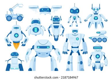 Cartoon robots, digital cyborgs, innovation technology machines. Robots, chatbots and drones, mechanical personal assistants vector symbols illustration set. Modern robots collection