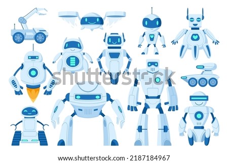 Cartoon robots, digital cyborgs, innovation technology machines. Robots, chatbots and drones, mechanical personal assistants vector symbols illustration set. Modern robots collection