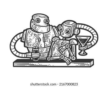 Cartoon Robots Drink In Bar Sketch Engraving Vector Illustration. T-shirt Apparel Print Design. Scratch Board Imitation. Black And White Hand Drawn Image.