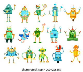Cartoon robots and droids characters. Funny robotic teacher, builder and cleaner, police droid vector mascots. Cute androids, cyborgs with antennas, claws and drills on hands, spring and wheel legs
