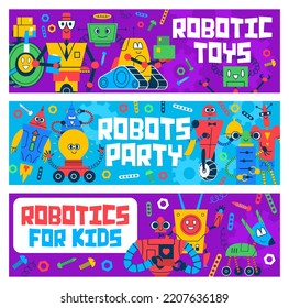 Cartoon robots and droids kids toys, cute space machine characters. Vector vintage android computer assistant, metal humanoid cyborg, robotic dog, robot rocket, spaceman and waiter, kids party invite