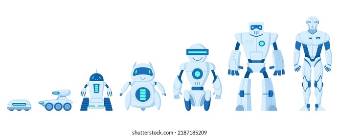 Cartoon robots evolution from primitive to technological cyborg. Robots improvement, simple bots evolve to innovation technology machines flat vector illustration. Digital cyborgs evolution