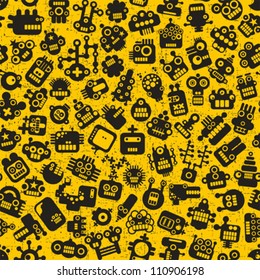 Cartoon robots faces seamless pattern on yellow. Vector retro background.