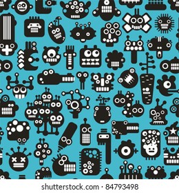 Cartoon robots faces seamless pattern on blue. Vector background.