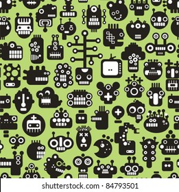 Cartoon robots faces seamless pattern on green. Vector background.