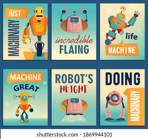 Cartoon robots flyers set. Machines, cyborgs, electronic assistants vector illustrations with text. Robotics and machinery club concept for posters and leaflets design