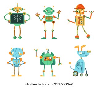 Cartoon robots, friendly characters with artificial intelligence. Innovative smart machines for kids, robotic dog pet. Smart digital cyborgs with antennas, ai cyborgs isolated vector set