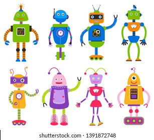 Cartoon robots for girls and boys vector isolated on white background. Cute robot girl toy and character robo boy electronic illustration