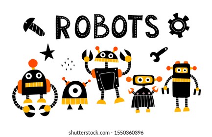 Cartoon robots with lettering, decor elements. vector illustration. Hand drawing for children. baby design for print on t-shirt, card, wall decoration