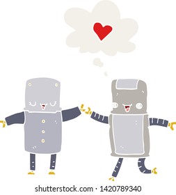 robots de dibujos animados enamorados de la burbuja del pensamiento en estilo retro