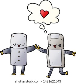cartoon robots in love with thought bubble in smooth gradient style