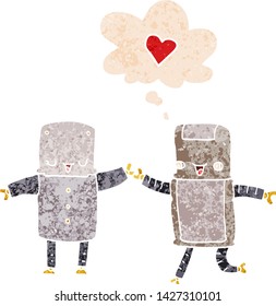 cartoon robots in love with thought bubble in grunge distressed retro textured style