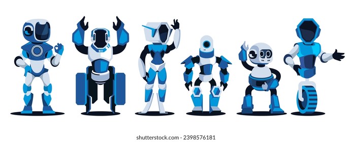 Cartoon robots. Mechanical metal machines, bionic cyborgs and AI chatbot, virtual machine and AI concept. Vector isolated set. Futuristic innovative characters and metal cyborg creatures