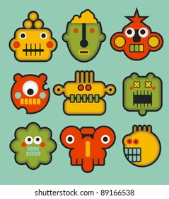 Cartoon robots and monsters faces in color. Vector illustration set #3.