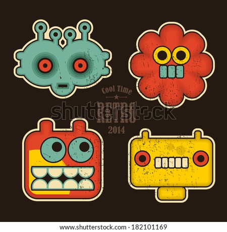 Cartoon robots and monsters faces in color. Vector illustration 
