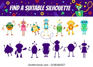 Cartoon robots on find a suitable silhouette game worksheet. Logical playing activity, shadow compare educational riddle or vector puzzle with similarity and difference finding task and funny droids