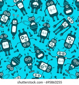 Cartoon Robots Seamless Background. Set of vector robots in cartoon style.