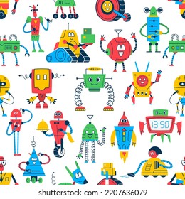 Cartoon robots seamless pattern with vector kids toys of space machines, android monsters and cyborgs. Cute bots background with funny robot rocket, assistant, maid, waiter and delivery machines