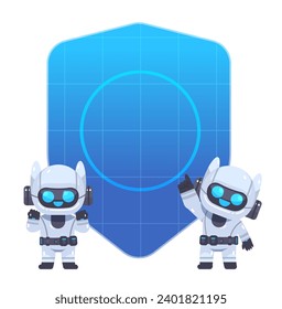 Cartoon robots stand near big shield on isolated background. Robots defenders flat vector illustration