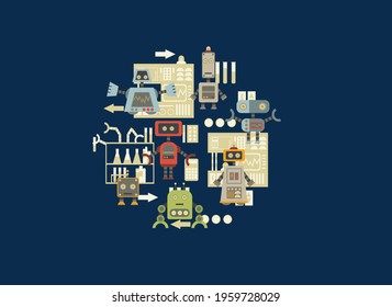 Cartoon robots. Vector illustration of robotics for children.