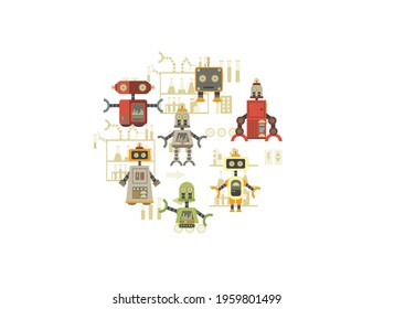 Cartoon robots. Vector illustration of robotics for children.